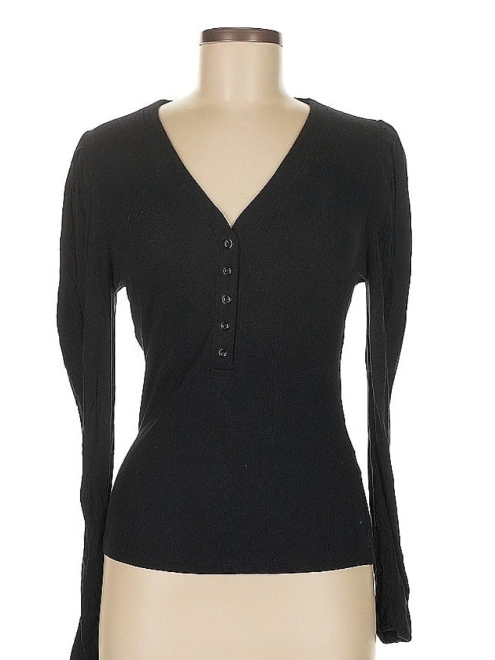 Frame Denim Black Long Sleeve V-Neck Button Henley